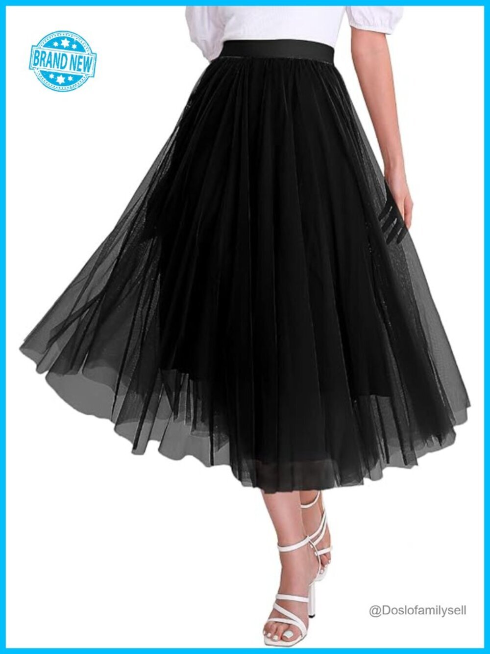 Tulle Midi Skirt Elastic High Waist Pleated Flowy A-Line Party Tutu Skirt